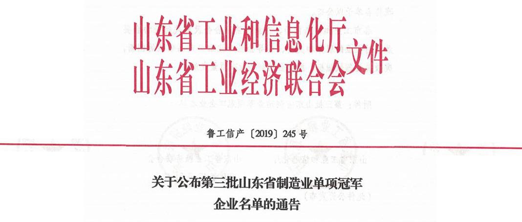 集團(tuán)榮獲山東省第三屆制造業(yè)“單項(xiàng)冠軍”企業(yè)榮譽(yù)稱號(hào)